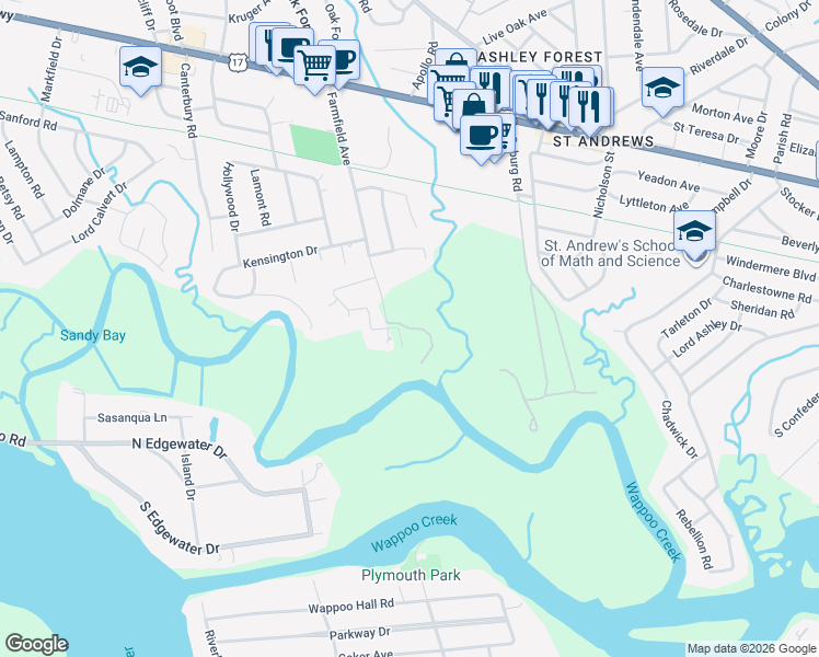 map of restaurants, bars, coffee shops, grocery stores, and more near Farmfield Road in Charleston