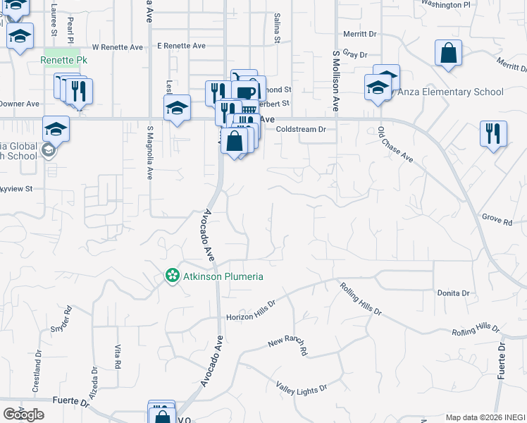 map of restaurants, bars, coffee shops, grocery stores, and more near 5329 Grandridge Road in El Cajon