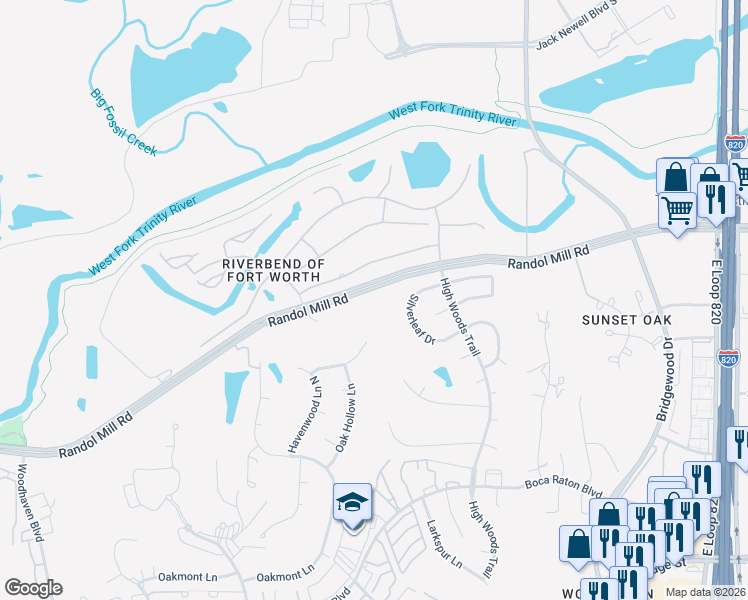 map of restaurants, bars, coffee shops, grocery stores, and more near 5913 End O Trail in Fort Worth