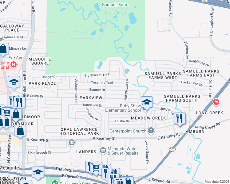 map of restaurants, bars, coffee shops, grocery stores, and more near 826 Sumner Drive in Mesquite