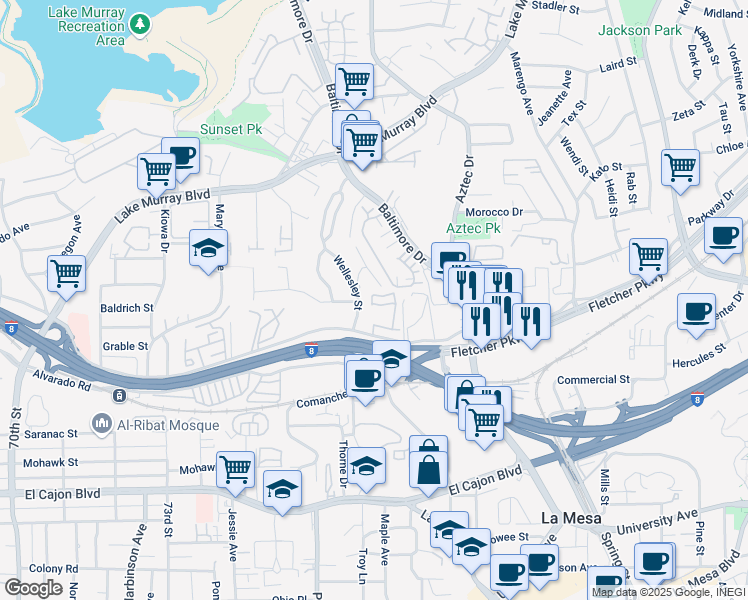 map of restaurants, bars, coffee shops, grocery stores, and more near 7700 Parkway Drive in La Mesa