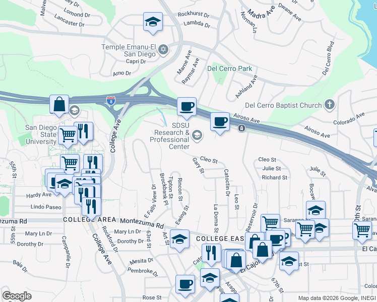 map of restaurants, bars, coffee shops, grocery stores, and more near 6352 Cleo Street in San Diego