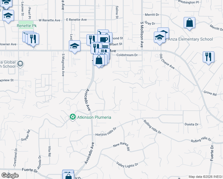 map of restaurants, bars, coffee shops, grocery stores, and more near 5329 Grandridge Road in El Cajon