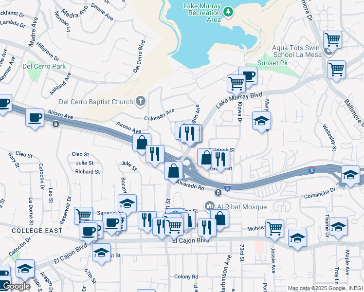 map of restaurants, bars, coffee shops, grocery stores, and more near 5301 Lake Murray Boulevard in La Mesa
