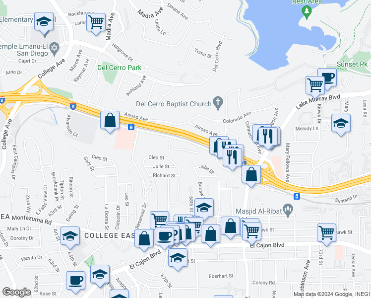 map of restaurants, bars, coffee shops, grocery stores, and more near 5267 Judson Way in San Diego