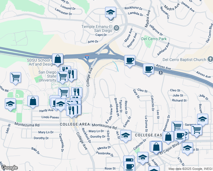 map of restaurants, bars, coffee shops, grocery stores, and more near 5325 East Falls View Drive in San Diego