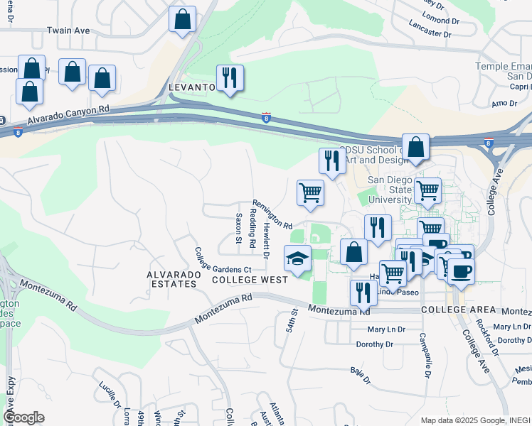 map of restaurants, bars, coffee shops, grocery stores, and more near 5367 Hewlett Drive in San Diego