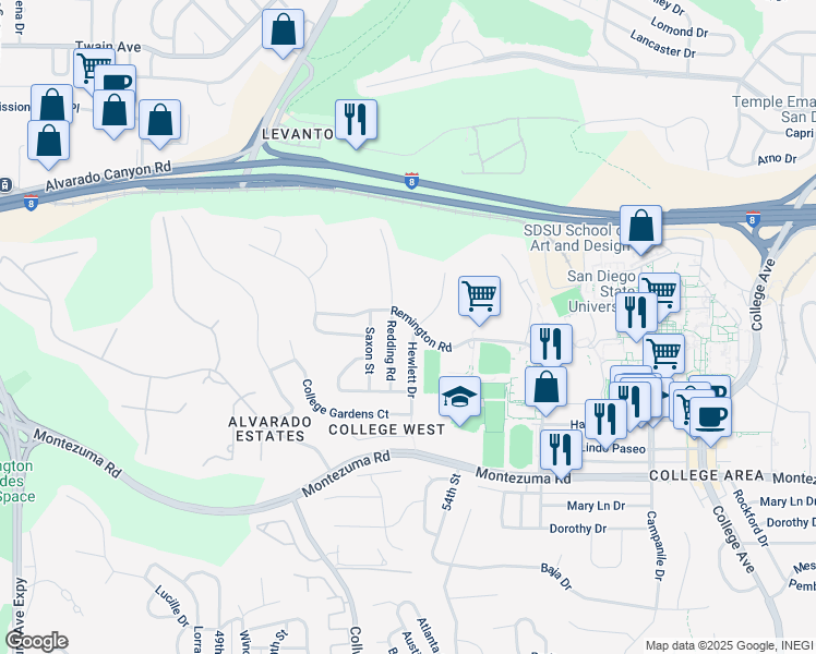 map of restaurants, bars, coffee shops, grocery stores, and more near 5367 Hewlett Drive in San Diego