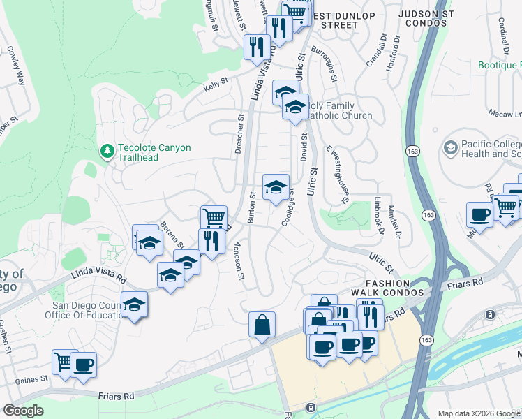 map of restaurants, bars, coffee shops, grocery stores, and more near 6822 Glidden Street in San Diego