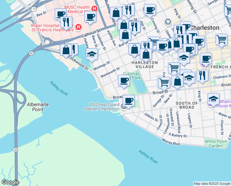 map of restaurants, bars, coffee shops, grocery stores, and more near 322 Broad Street in Charleston