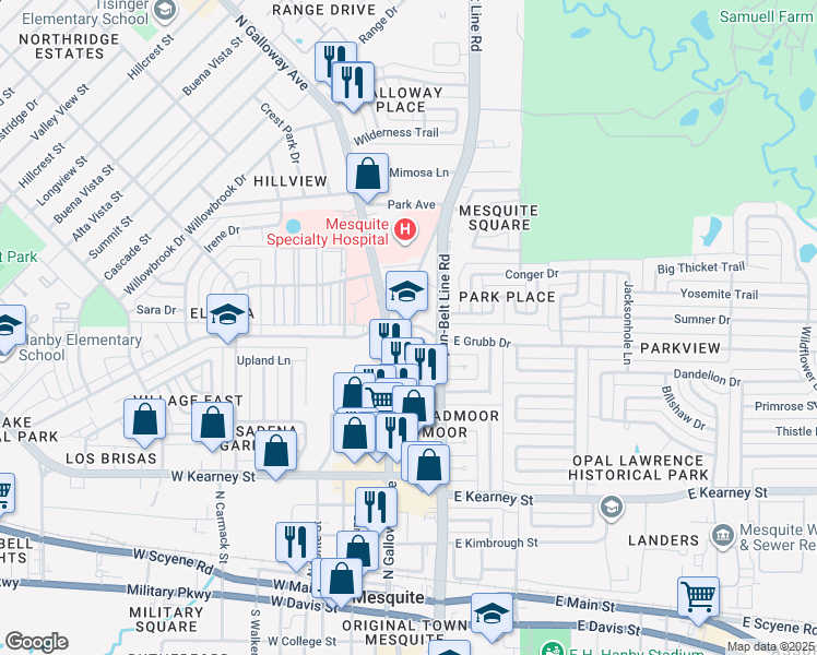 map of restaurants, bars, coffee shops, grocery stores, and more near in Mesquite