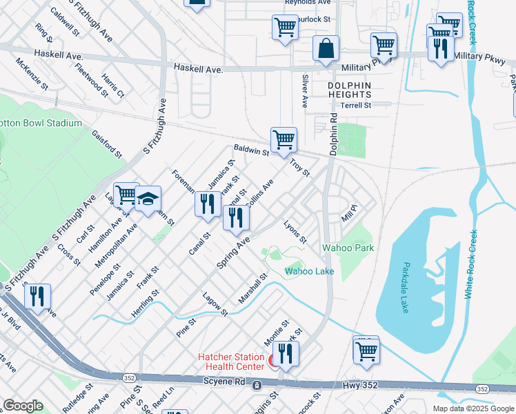 map of restaurants, bars, coffee shops, grocery stores, and more near 4519 Wahoo Street in Dallas