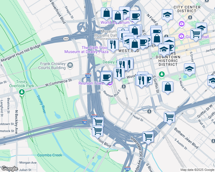 map of restaurants, bars, coffee shops, grocery stores, and more near 302 Stemmons Freeway in Dallas