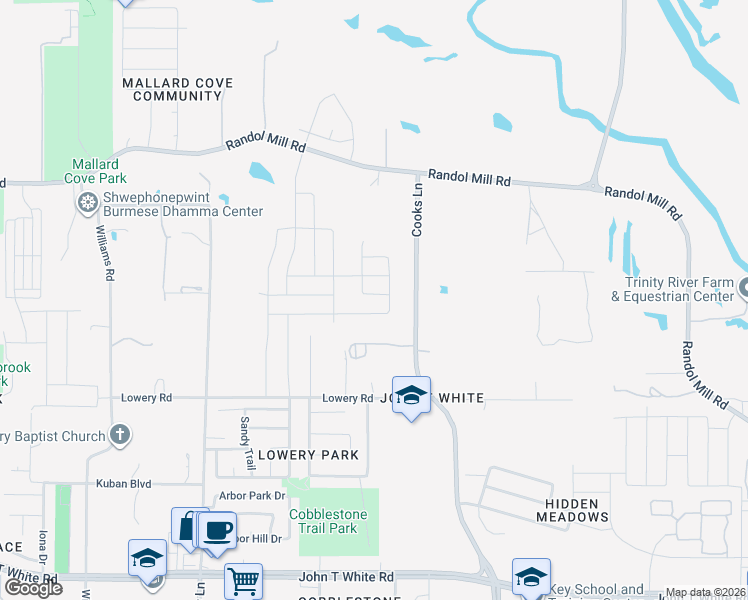 map of restaurants, bars, coffee shops, grocery stores, and more near 420 Cooks Lane in Fort Worth