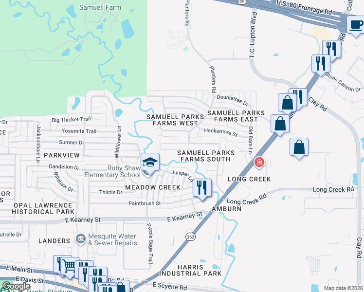 map of restaurants, bars, coffee shops, grocery stores, and more near 1408 Copper Meadow Drive in Mesquite
