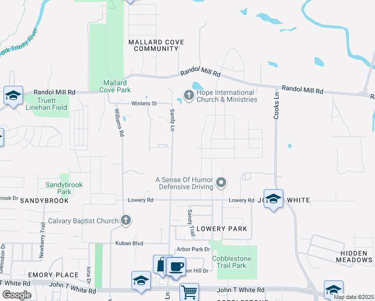 map of restaurants, bars, coffee shops, grocery stores, and more near 301 Sandy Lane in Fort Worth