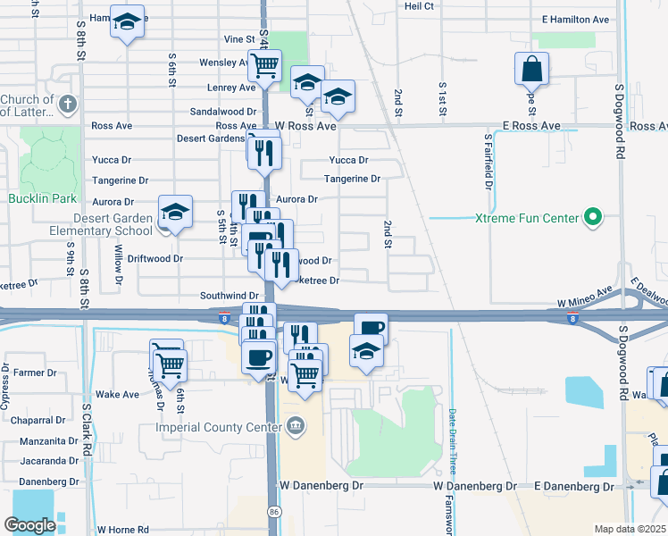 map of restaurants, bars, coffee shops, grocery stores, and more near 2034 South 3rd Street in El Centro