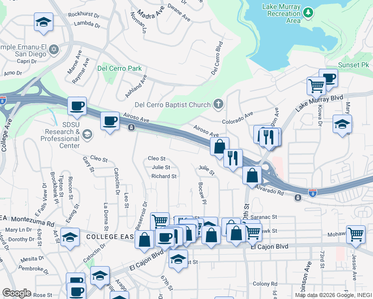 map of restaurants, bars, coffee shops, grocery stores, and more near 6821 Alvarado Road in San Diego