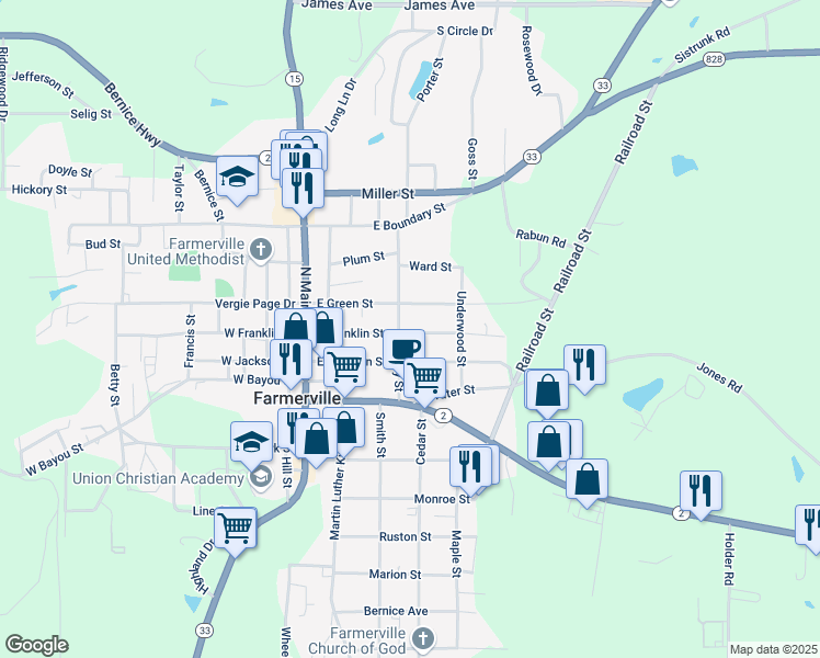 map of restaurants, bars, coffee shops, grocery stores, and more near Gulley Street in Farmerville