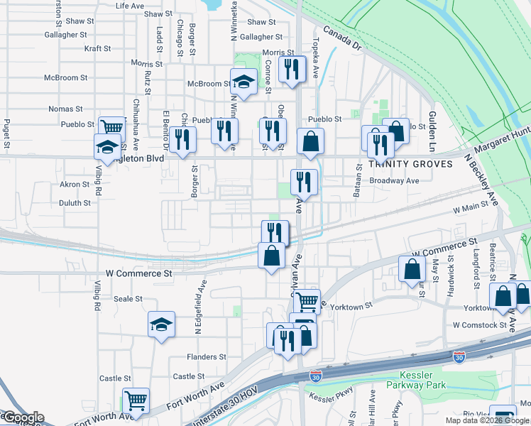 map of restaurants, bars, coffee shops, grocery stores, and more near 930 Muncie Avenue in Dallas
