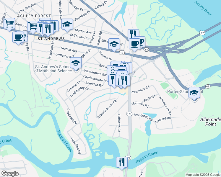 map of restaurants, bars, coffee shops, grocery stores, and more near 355 Confederate Circle in Charleston