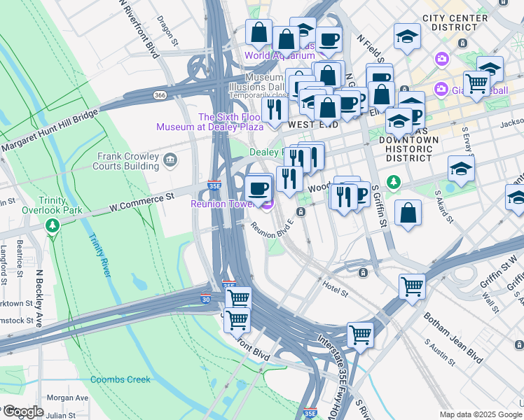 map of restaurants, bars, coffee shops, grocery stores, and more near 300 Reunion Boulevard in Dallas