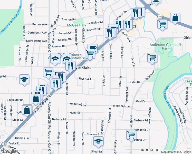 map of restaurants, bars, coffee shops, grocery stores, and more near 928 Red Oak Lane in River Oaks
