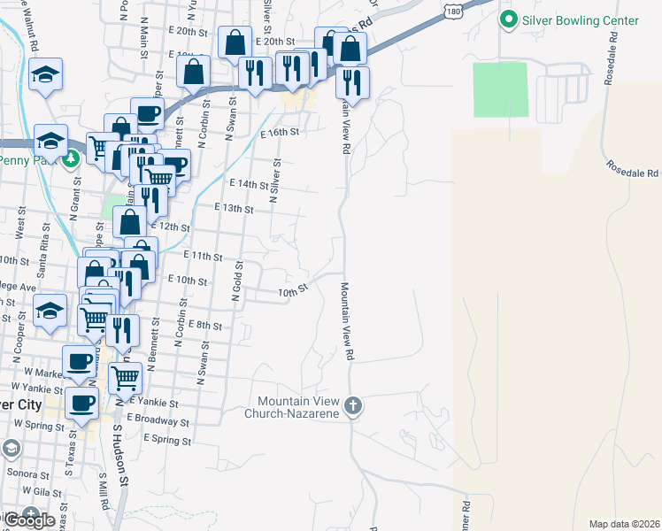 map of restaurants, bars, coffee shops, grocery stores, and more near in Silver City