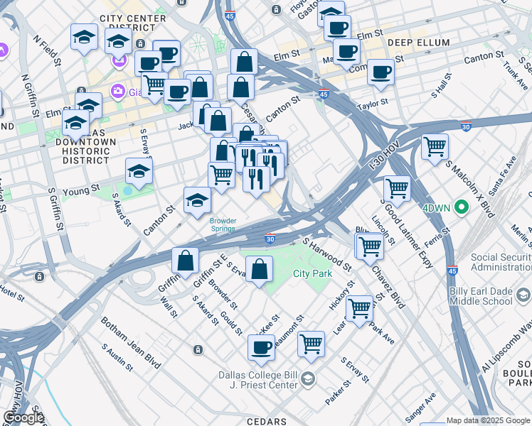 map of restaurants, bars, coffee shops, grocery stores, and more near East R L Thornton Freeway in Dallas