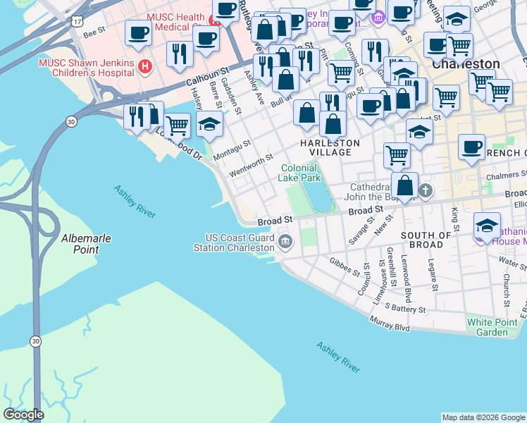 map of restaurants, bars, coffee shops, grocery stores, and more near 322 Broad Street in Charleston
