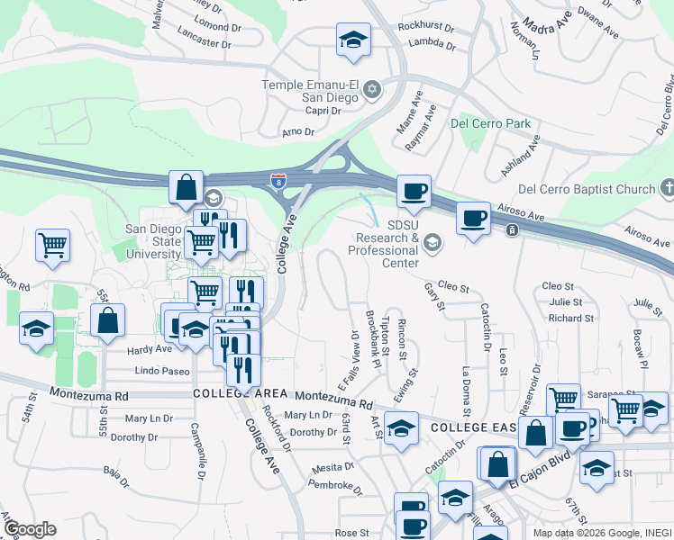 map of restaurants, bars, coffee shops, grocery stores, and more near 5325 East Falls View Drive in San Diego