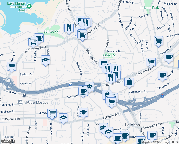 map of restaurants, bars, coffee shops, grocery stores, and more near 7700 Parkway Drive in La Mesa