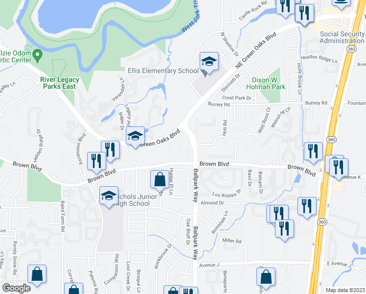 map of restaurants, bars, coffee shops, grocery stores, and more near 2018 Rumson Drive in Arlington