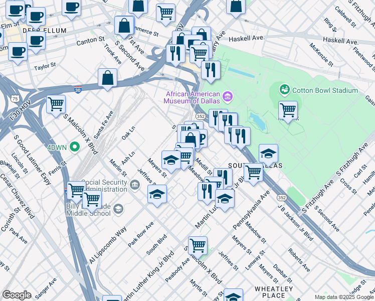 map of restaurants, bars, coffee shops, grocery stores, and more near 3201 Elihu Street in Dallas