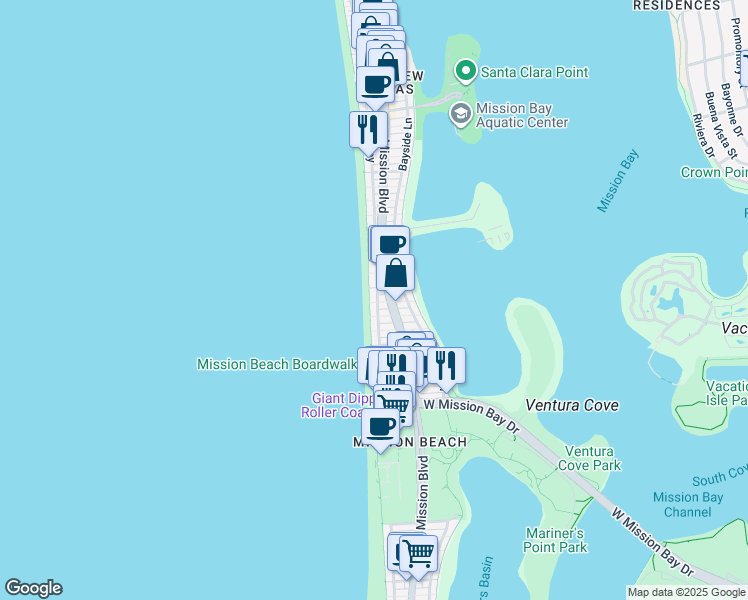 map of restaurants, bars, coffee shops, grocery stores, and more near 3377 Ocean Front Walk in San Diego