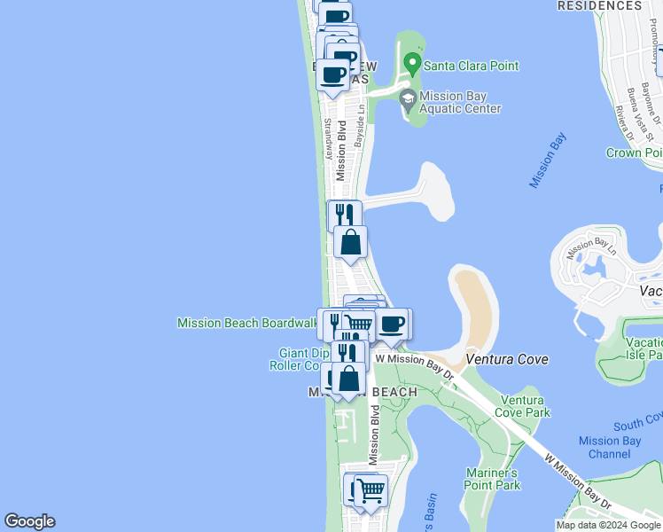 map of restaurants, bars, coffee shops, grocery stores, and more near 3377 Ocean Front Walk in San Diego