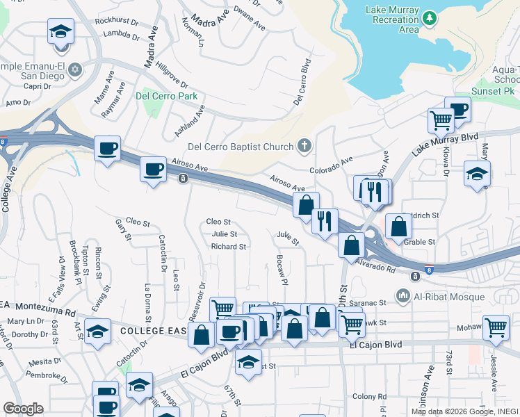 map of restaurants, bars, coffee shops, grocery stores, and more near 6821 Alvarado Road in San Diego