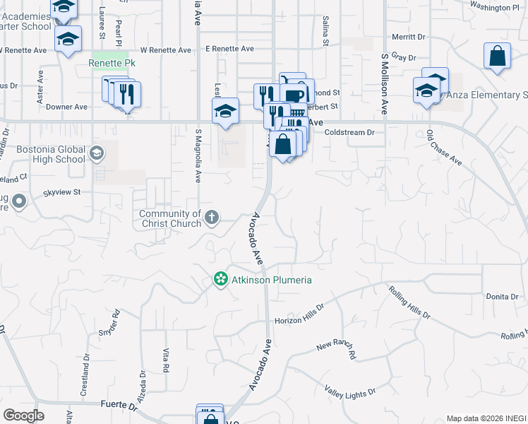 map of restaurants, bars, coffee shops, grocery stores, and more near 425 Avenida Abajo in El Cajon