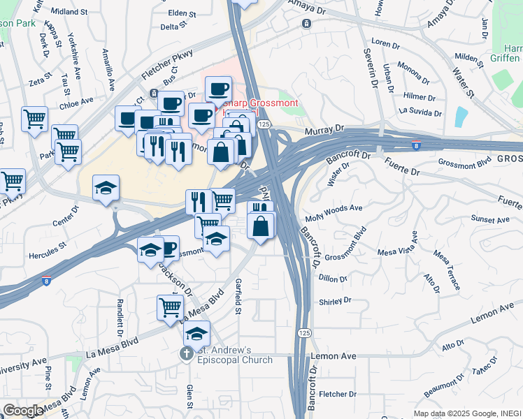 map of restaurants, bars, coffee shops, grocery stores, and more near 8996 La Mesa Boulevard in La Mesa