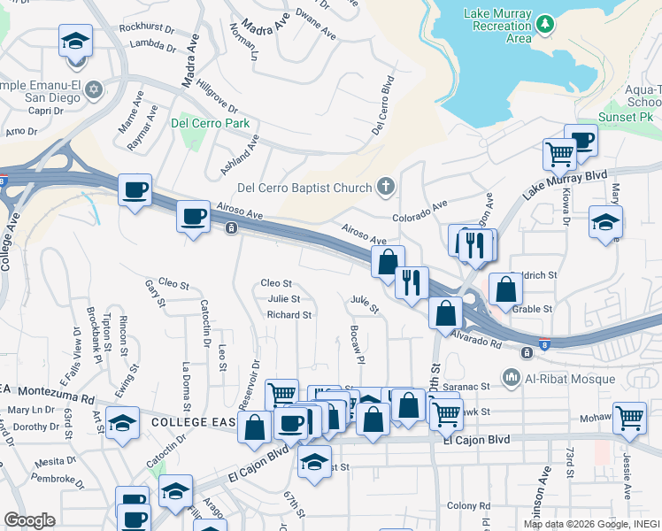 map of restaurants, bars, coffee shops, grocery stores, and more near 6799 Alvarado Road in San Diego