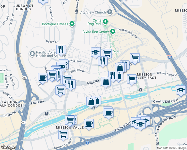 map of restaurants, bars, coffee shops, grocery stores, and more near 2356 Via Alta in San Diego