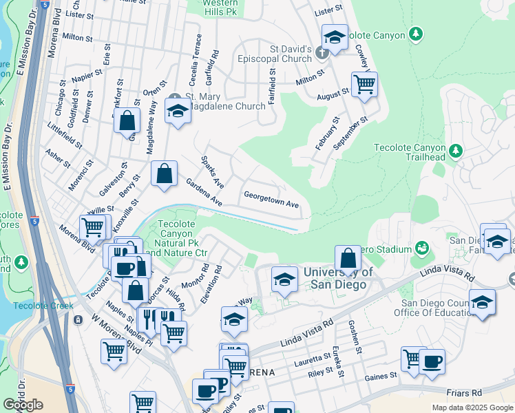 map of restaurants, bars, coffee shops, grocery stores, and more near 5054 Georgetown Avenue in San Diego