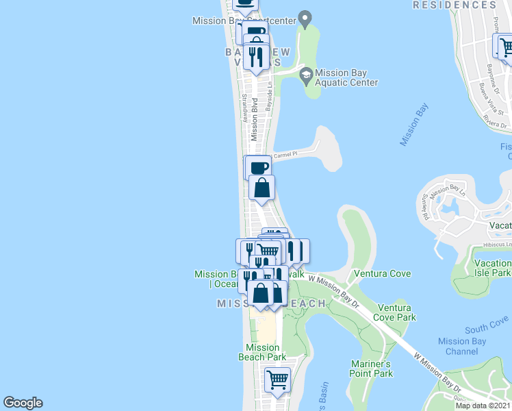 map of restaurants, bars, coffee shops, grocery stores, and more near 3411 Mission Boulevard in San Diego