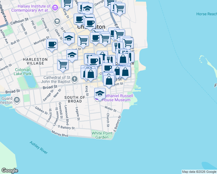 map of restaurants, bars, coffee shops, grocery stores, and more near 43 Broad Street in Charleston