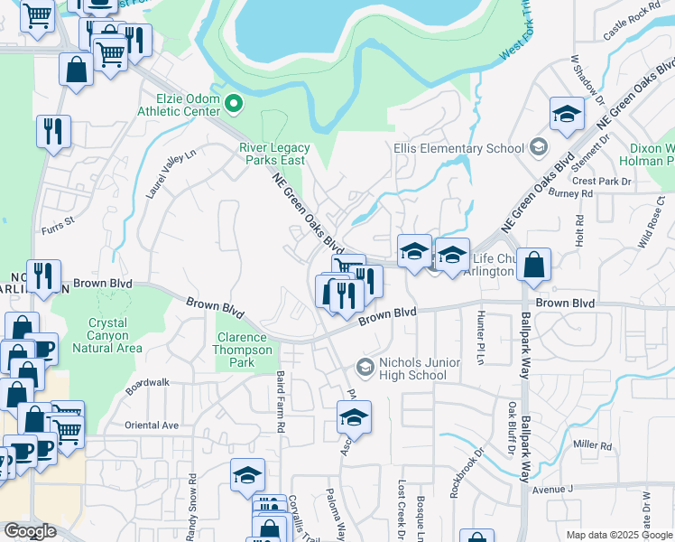 map of restaurants, bars, coffee shops, grocery stores, and more near 1800 Northeast Green Oaks Boulevard in Arlington