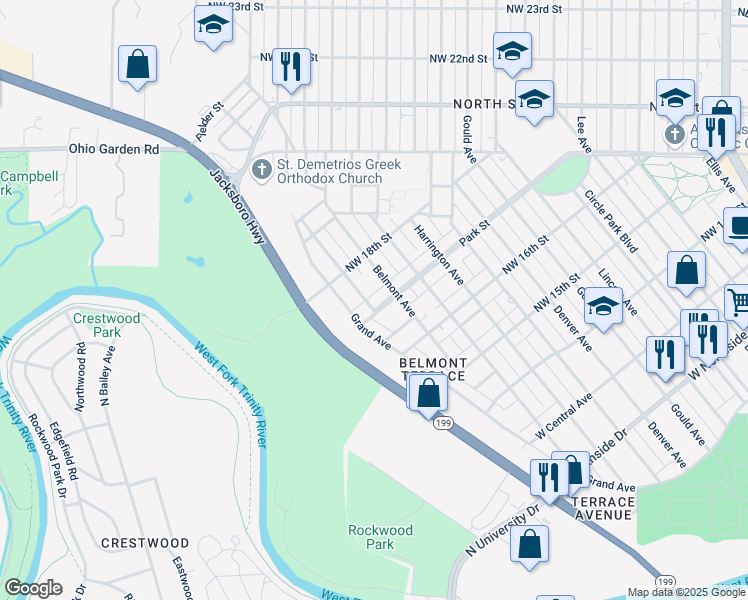 map of restaurants, bars, coffee shops, grocery stores, and more near 1816 Highland Avenue in Fort Worth