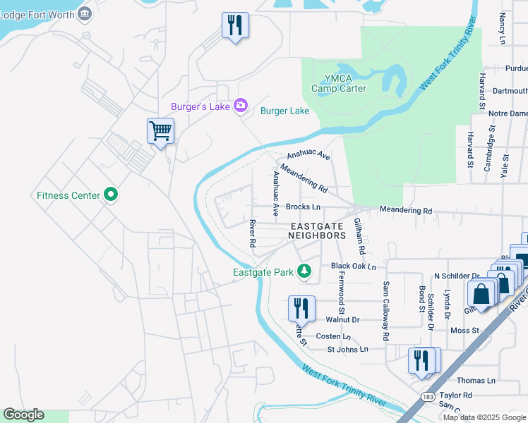 map of restaurants, bars, coffee shops, grocery stores, and more near 928 River Road in Fort Worth