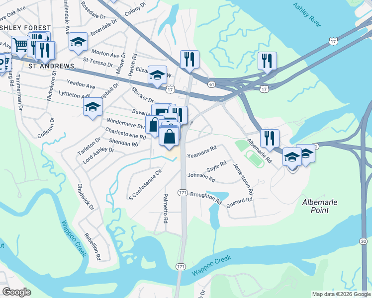 map of restaurants, bars, coffee shops, grocery stores, and more near 89 Folly Road Boulevard in Charleston