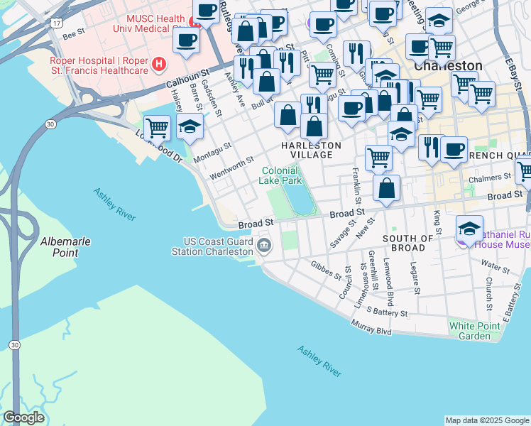 map of restaurants, bars, coffee shops, grocery stores, and more near 310 Broad Street in Charleston