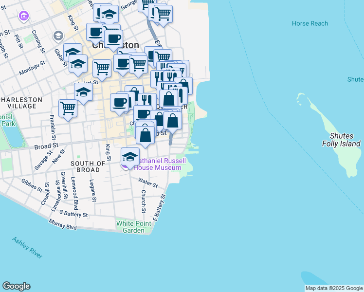 map of restaurants, bars, coffee shops, grocery stores, and more near 8 East Elliott Street in Charleston